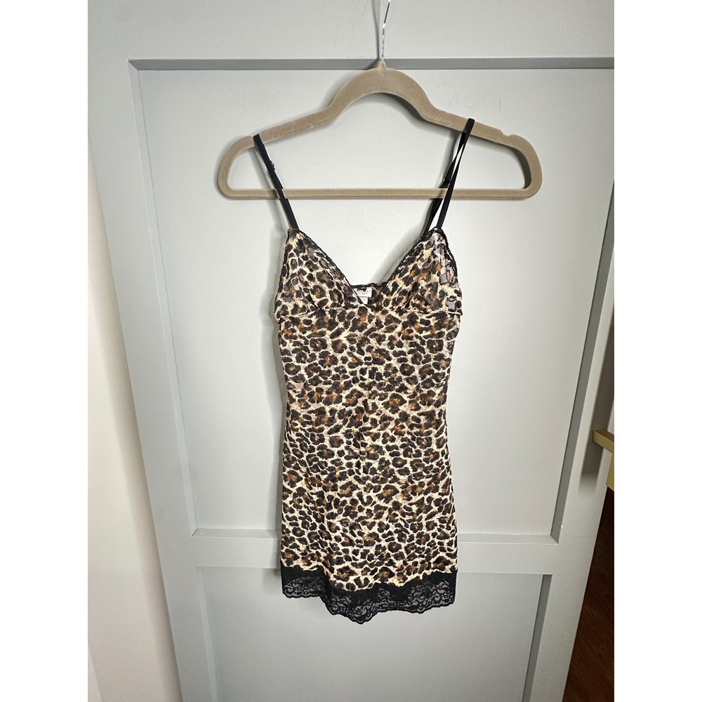 Y2K Victorias Secret Leopard Print Mesh Lace Trim Chemise Slip Dress XS 08/09